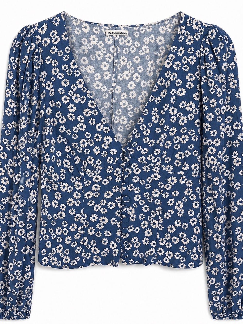 Reformation Floral Blue Top Long Sleeve Button Front V Neck Size XS - Picture 3 of 10